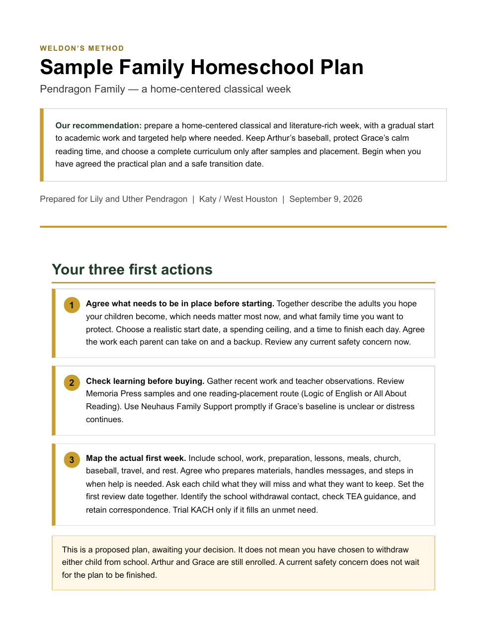 First page of the Sample Family Homeschool Plan